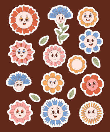 Groovy flower power stickers. Funny retro hippie 70s cartoon flowers. Isolated vector illustrations. Collection cute plants pack in trendy nostalgic cartoon styleのイラスト素材