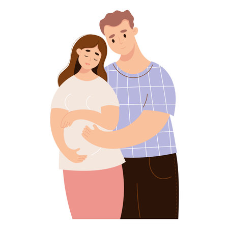 happy family expecting baby. Cute pregnant woman and husband. vector illustration. Future parents, pregnancy motherhood, parenthood conceptのイラスト素材