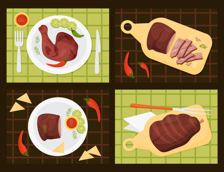 Mexican barbecue meat food. Fried ahiote chicken leg, grilled beef and fried pork leg. Served dishes in plates and on kitchen board on tablecloth. view from above. isolated vector illustrationsのイラスト素材