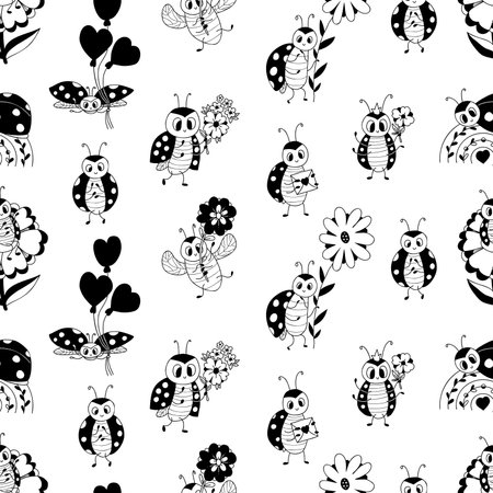 Seamless pattern with cute insects ladybugs on white background. Vector illustration in decorative doodle style. Endless background for kids collection, decor, design, textiles, packaging, wallpaperのイラスト素材