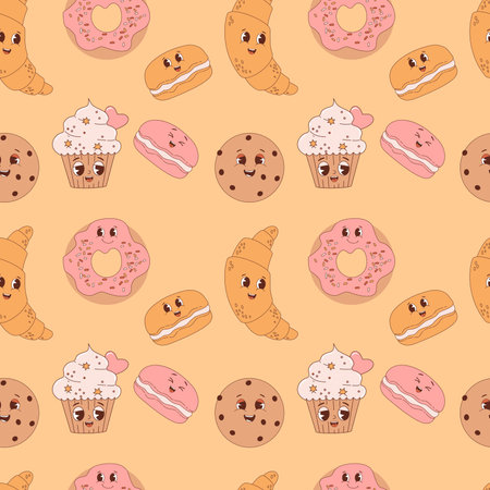 Groovy tasty retro seamless pattern. Cute cartoon pastries and desserts on yellow background. Vector Illustration for wallpaper, design, textile, packaging, decor, kids collectionのイラスト素材