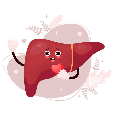 Cute cartoon liver character. Funny smiling human organ with heart in his hands. vector illustration. Funny organ of gastrointestinal tract romantic mascotのイラスト素材