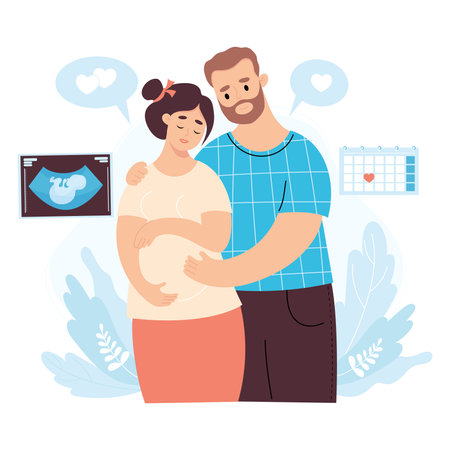 Happy family. Ethnical dark skin couple expecting baby. Pregnant woman and husband with first photo of ultrasound of child. Vector illustration. African american future parents, pregnancy concept.のイラスト素材