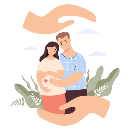 happy family expecting baby. Hands protect cute pregnant woman and husband. vector illustration. Future parents, pregnancy motherhood, parenthood, care and protection conceptのイラスト素材