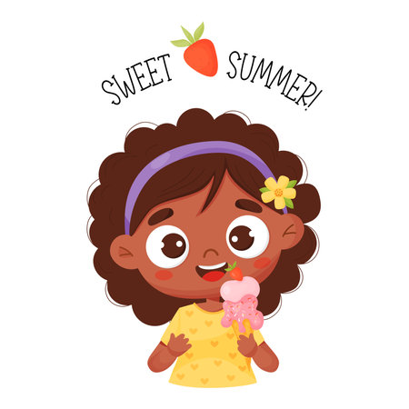 Happy black ethnic girl with ice cream. Vector illustration in cartoon style. Postcard sweet summer for kids collection, design, printのイラスト素材
