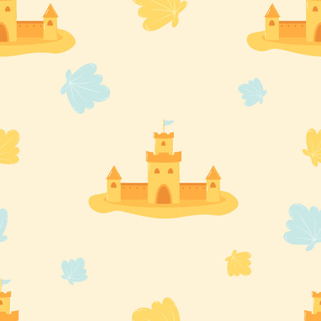 Summer seamless pattern with sand castle on light yellow background with shells. Vector illustration in flat style for design, wallpaper, wrapping paper, fabricのイラスト素材