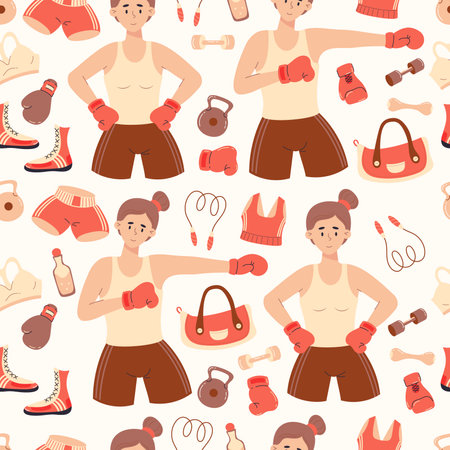 Seamless pattern female sport. Cute girls sportswomen boxers, sports equipment, sportswear and shoes on white background. Vector illustration in cartoon flat styleのイラスト素材