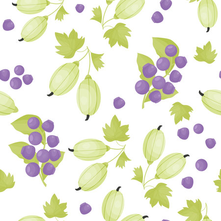 Summer berry seamless pattern. Blueberries and green gooseberries on white background. Vector illustration in flat cartoon style for print, wallpaper, textile, packaging and designのイラスト素材