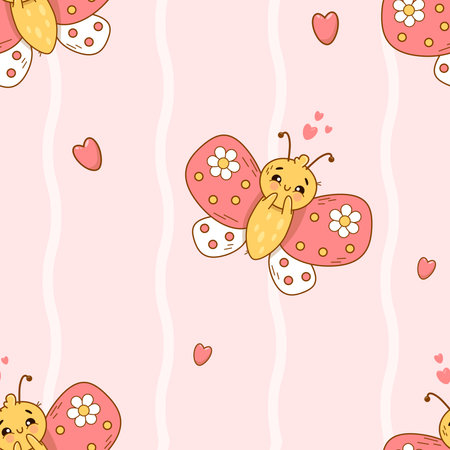 Seamless pattern with cute in love butterfly on light pink background. Groovy vector Illustration for kids collection, wallpaper, design, textile, packaging, decorのイラスト素材