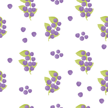 Seamless pattern with forest blueberries. Summer ripe bilberry with leaves on white background. Vector illustration in flat cartoon style for print, wallpaper, textile, packaging and design.のイラスト素材