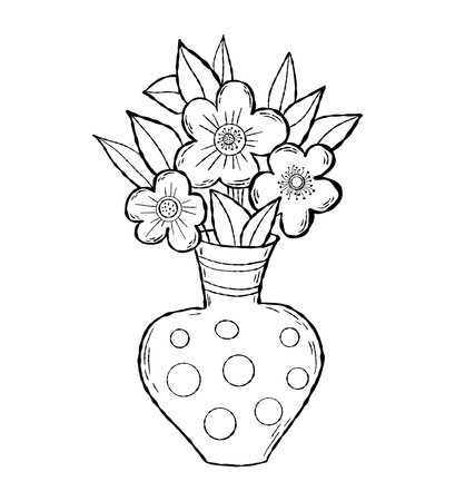 Beautiful outline bouquet of flowers in vase. vector illustration. Blooming daisies with leaves in linear doodle styleのイラスト素材