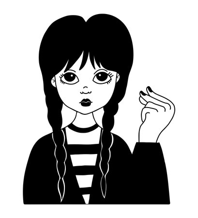 Wednesday. Cute girl wednesday addams with braids. vector illustration. hand drawnのイラスト素材