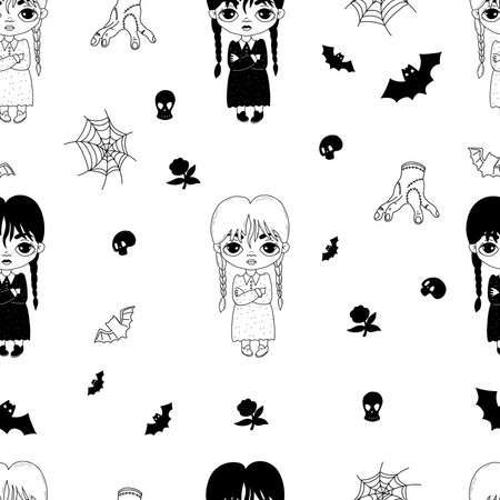 Wednesday. Halloween seamless pattern with little girls with braids with dress on background with skulls, bat and cobwebs. vector illustration. Hand outline and black drawing in doodle styleのイラスト素材