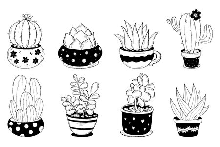 Cactus flowerpots doodles. Collection tropical houseplant. vector illustration. Isolated hand drawings indoor plants in pots for design and decorのイラスト素材