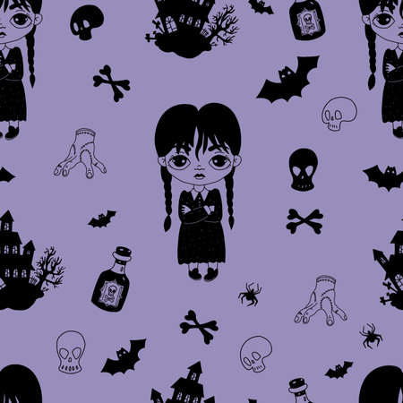 Seamless pattern Halloween with gothic girls with braids with dress on purple background with mystical castle house, bats, skulls and rum. Vector illustration in doodle style. hand silhouette drawingのイラスト素材