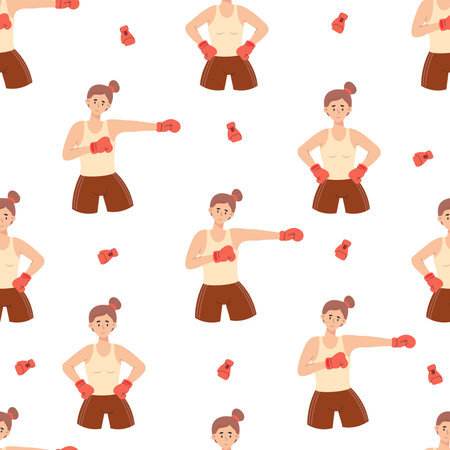 Seamless pattern boxing. Cute girls athletes boxers on white background with boxing gloves. Vector illustration in flat cartoon styleのイラスト素材