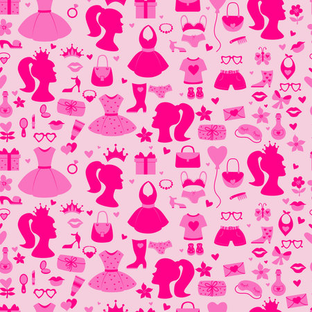 pink seamless pattern. Nostalgic Glamorous trendy things fashion accessories, clothes, handbags, Feminine portrait on pink background. Vector illustration. National Day March 9.のイラスト素材