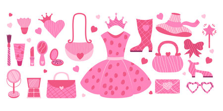 Pink female aesthetic. Fashion doll collection. Trendy glamorous accessories, clothes, cosmetics, shoes, handbag, glasses and crown for girl princess. Isolated Vector decorative elementsのイラスト素材