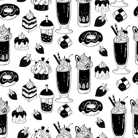 Seamless pattern with sweets, cakes and creamy desserts on white background. vector illustration. Hand drawn doodle for design, decor, print, wallpaper and textile, packagingのイラスト素材