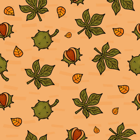 Seamless autumn pattern. Green leaves and brown chestnut fruits on beige background with falling leaves. Vector illustration for design, decoration, wallpaper, packaging, textileのイラスト素材