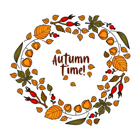 Hello Autumn. Autumn round vignette frame. Wreath of berries, wild rose, physalis, colorful autumn leaves on white background Vector illustration for fall designのイラスト素材