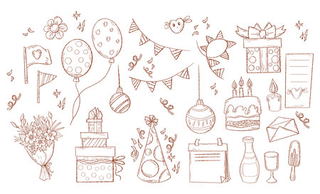 Collection Happy Birthday and Christmas holiday doodles. Hand drawn outline party decoration, gift box, bouquet, balloons and garland. Vector illustration isolated party sketch on white backgroundのイラスト素材