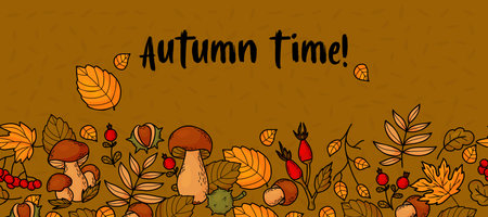 autumn time. Seamless horizontal border banner. Wild berries, forest mushrooms, chestnuts and colorful autumn leaves on brown background. Vector illustration for fall design, decorのイラスト素材