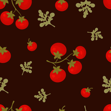 Tomatoes seamless pattern. Red vegetable on black background. Vector autumnal illustration for design, packaging, wallpaper and textileのイラスト素材