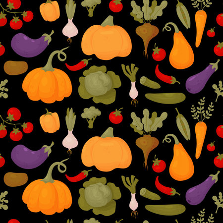 Vegetable seamless pattern. Fresh organic tomatoes, pumpkin, eggplant, peppers and peas with carrots, cucumbers on black background. Vector illustration for design, packaging, wallpaper and textileのイラスト素材