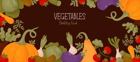 Vegetables healthy food. Horizontal banner with pumpkin, tomatoes, cabbage, carrots, eggplant and onions on brown background. vector illustration. Poster template in cartoon style for design, decorationのイラスト素材