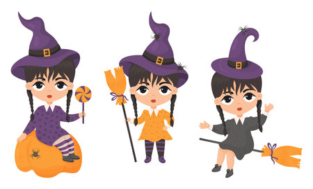 Halloween. Collection cute gothic witches with braids in witch hat with spider and broom, with pumpkin and lollipop candy. vector illustration. Isolated characters in cartoon style. kids collectionのイラスト素材