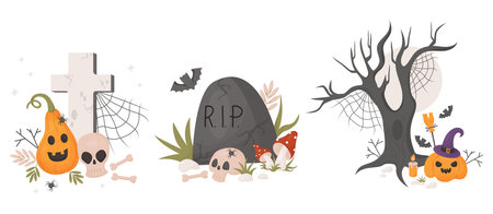 Cute Halloween. Pumpkin lantern Jack with skull, bones, graveyard with cross, grave with bats and spooky forest tree with cobwebs. Vector illustration in cartoon style. Isolated on white.のイラスト素材