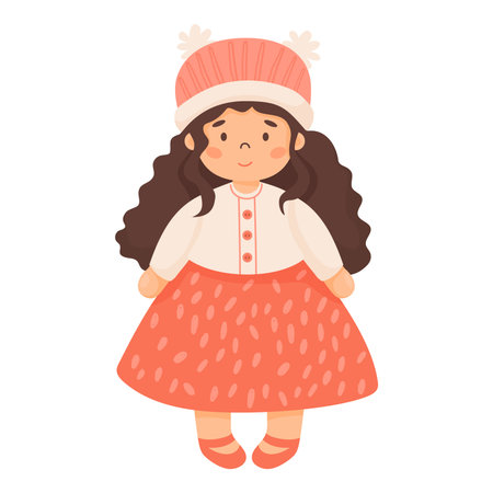 Children toy doll. Beautiful cute girl with long hair in dress and knitted hat. Vector illustration in cartoon style.のイラスト素材