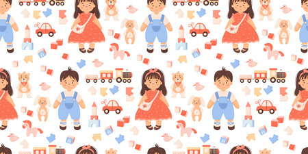 Cute kids seamless pattern. children toys. Girl doll in red dress and boy in shorts, plush toys teddy bear and rabbit, train, car and cubes on white background. vector illustration in cartoon styleのイラスト素材