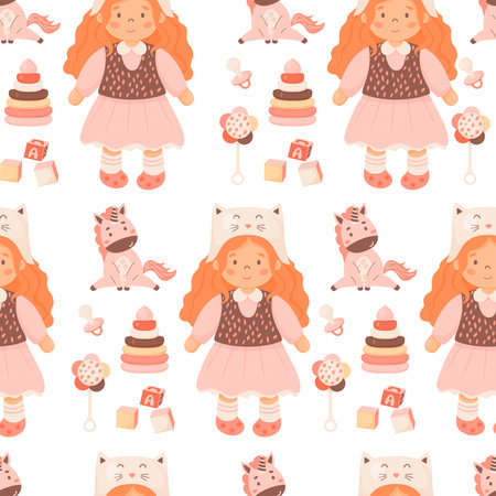 Children toys seamless pattern. Cute doll girl with redhead curly in funny hat, unicorn, rattle, pacifier, cubes and pyramid on white background. Vector illustration in cartoon style. kids collectionのイラスト素材