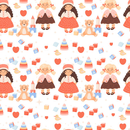 Cute kids seamless pattern. Pretty girl doll with children toys, plush teddy bear, cubes and duck on white background. Vector illustration in cartoon style. kids collectionのイラスト素材