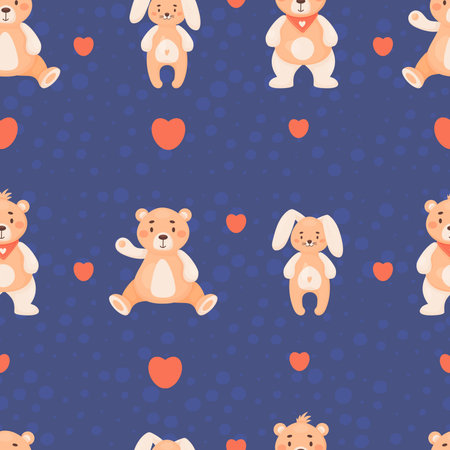 Children seamless pattern. Plush funny toy teddy bear and bunny on blue background with hearts. Vector illustration in cartoon style. cute kids collectionのイラスト素材