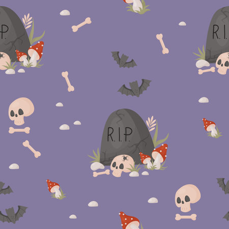 Scary Halloween. Seamless pattern with cemetery headstone with skull, bones and fly agaric on purple background. vector illustration with cartoon styleのイラスト素材