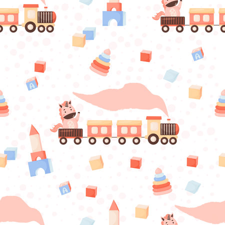 Cute kids seamless pattern. Children toys. Funny unicorn in train, cubes and pyramid on white background. Vector illustration in cartoon styleのイラスト素材