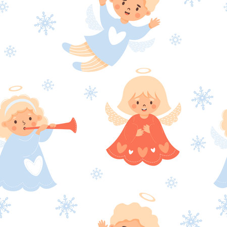 Christmas seamless pattern. Cute angel blonde kids. Funny girls with trumpet and boy on white background with snowflakes. Vector illustration in cartoon style. Xmas winter children collectionのイラスト素材