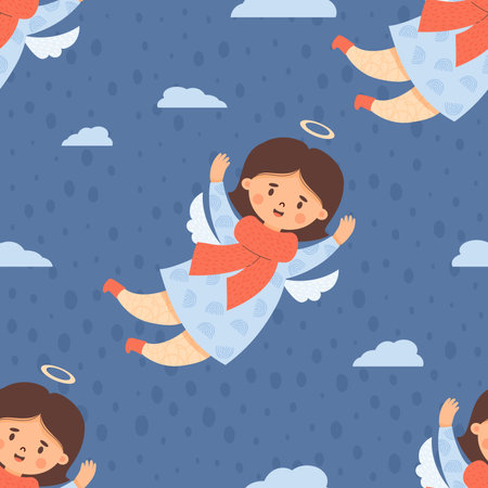 Seamless pattern with cute angel girl on blue background. Vector new year illustration in cartoon style. Cute Xmas kids collection for holiday design, packaging, wallpaper, textilesのイラスト素材