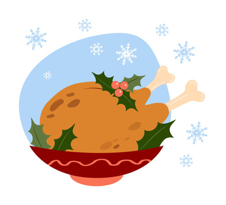 Christmas Roast Chicken with holly on white background. Vector illustration. Traditional holiday food Roast Turkey in flat cartoon styleのイラスト素材