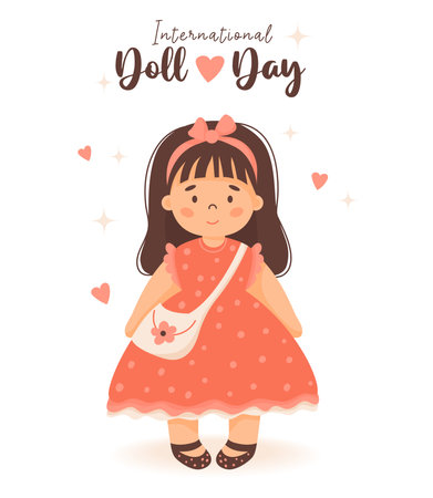 Doll Day. Cute children toy doll girl with long hair in red dress with handbag. International holiday. Vector illustration. Greeting card in cartoon style. Kids collection.のイラスト素材