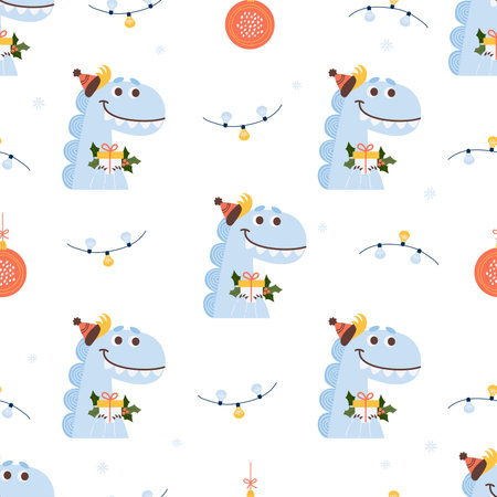 Xmas Seamless pattern. Cute dragon with holly gift on white background with Christmas ball and garlands. Vector illustration for new year design, wallpaper, packaging, textile. kids collectionのイラスト素材
