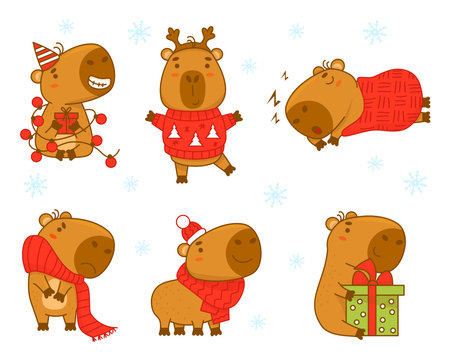 Collection winter cute capybaras with New Years garland, gift, sleeping and in Christmas sweater, knitted scarf and hat. Vector illustration. Isolated animal character capibara rodentのイラスト素材