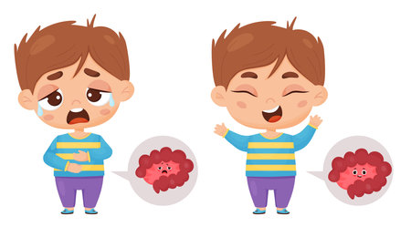 Collection with sick boy suffering from pain in intestines and healthy child with character of internal organ intestine. Abdominal pain and health concept. Vector illustration in cartoon styleのイラスト素材