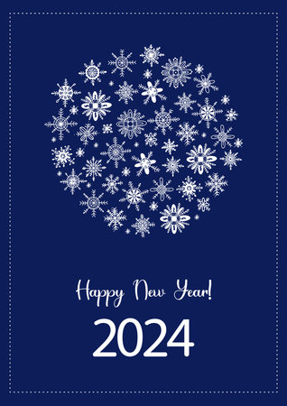 2024 Happy New Year. Ball of snowflakes on blue background. Vector illustration. Vertical greeting card in hand drawn doodle styleのイラスト素材