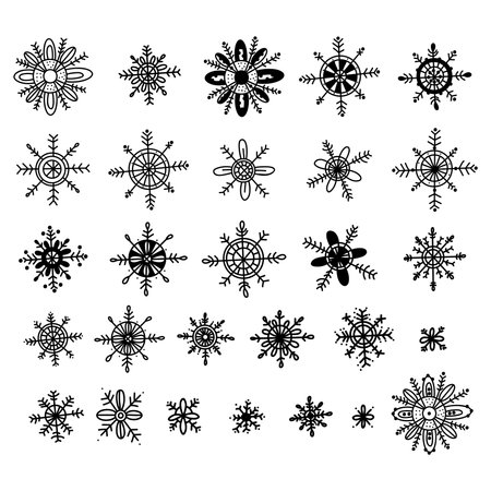 Collection of snowflakes. Hand drawn doodle. Vector illustration. Isolated winter weather elements for holiday design and decorのイラスト素材