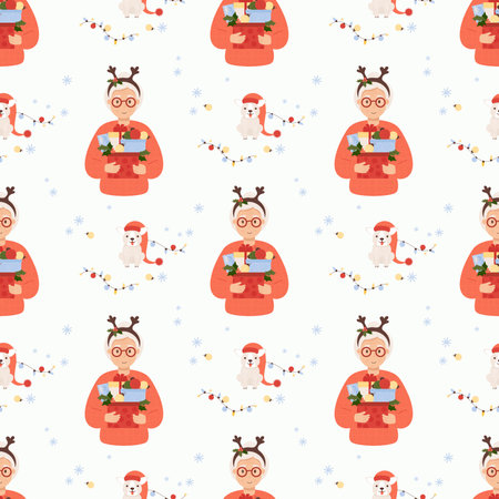 Christmas seamless pattern. Cute happy elderly woman with New Year gifts and balls on white background with funny dog. Vector illustration for festive design, wallpaper, packaging, textile.のイラスト素材