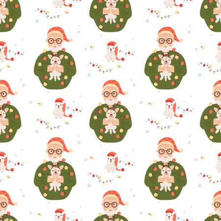 Christmas seamless pattern. Cute happy elderly man with New Year gift funny dog on white background. Vector illustration for festive design, wallpaper, packaging, textile.のイラスト素材